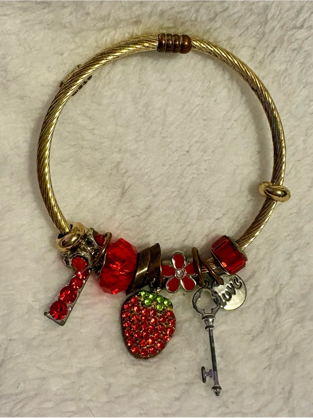 Gold-Tone Red Strawberry Charm Bangle Bracelet